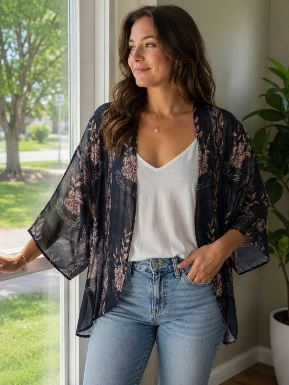 Sheer Floral Kimono Cardigan Black Pink Boho Open Front Cover Up OS